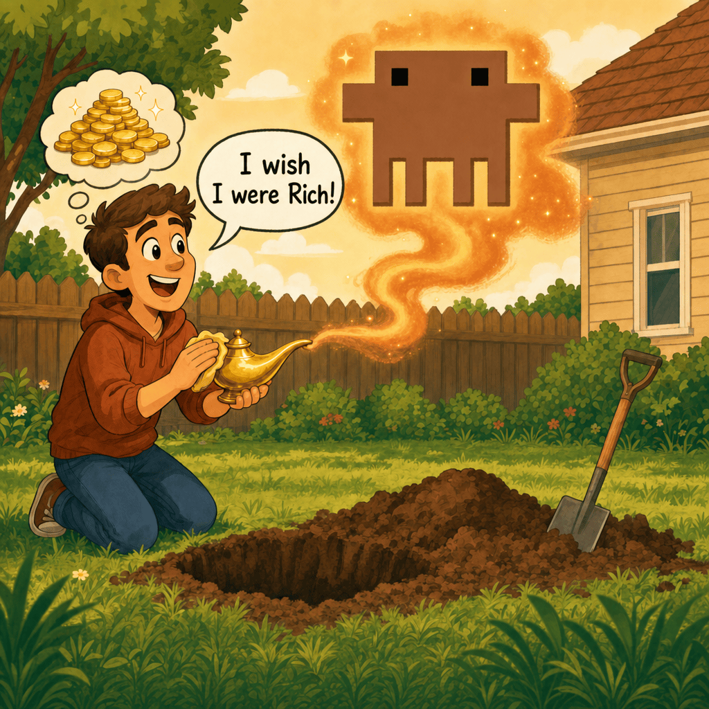 Cartoon: a man kneeling by a freshly dug hole in his backyard rubs a golden lamp. A pixel-art genie shaped like the Claude mascot rises from the smoke. His thought bubble shows gold coins; his speech bubble reads 'I wish I were Rich!'