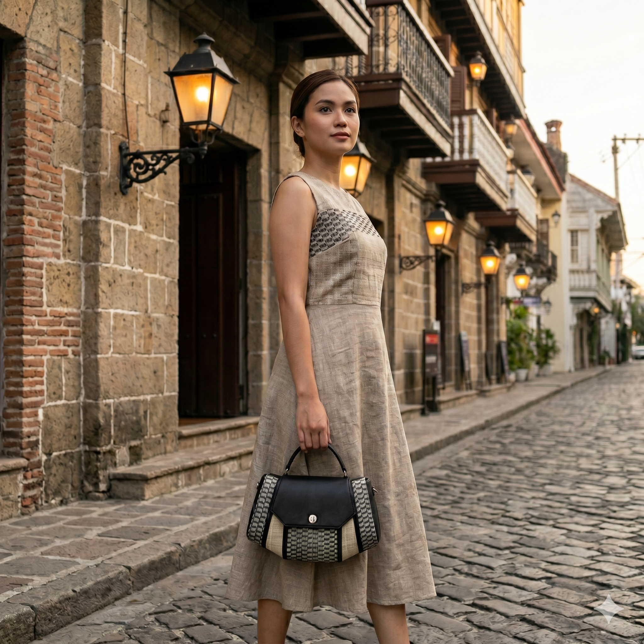 AI-generated composite of a Filipina model holding a Soláyae handbag on a cobblestone street in Intramuros